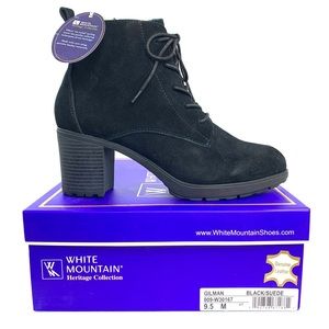 White Mountain Gilman Women Size 9.5 Black Suede Ankle Boot Low Heel Lug Sole